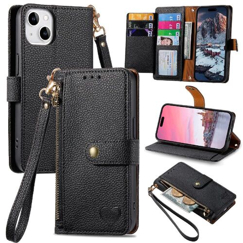 Étui Pour Iphone 13 Amour Portefeuille Lanière Étui En Cuir Fermeture Éclair - Noir