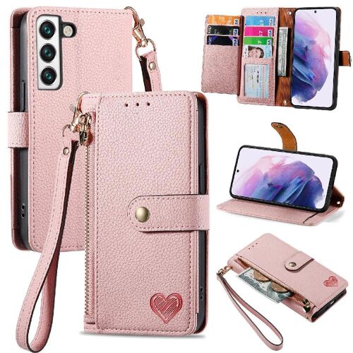 Étui Pour Samsung S22 Plus Étui En Cuir Lanière Amour Portefeuille Fermeture Éclair - Couleur Rose