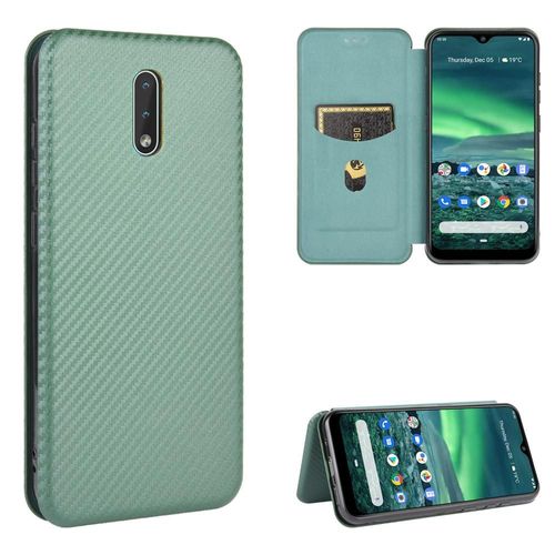 Étui Pour Nokia 2.3 Protection Complète Coque En Cuir Folio Flip Avec Porte-Cartes Kickstand Fibre De Carbone Magnétique Insertion De Carte - Vert