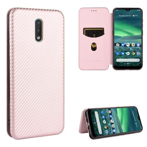 Étui Pour Nokia 2.3 Protection Complète Coque En Cuir Folio Flip Avec Porte-Cartes Kickstand Fibre De Carbone Magnétique Insertion De Carte - Couleur Rose