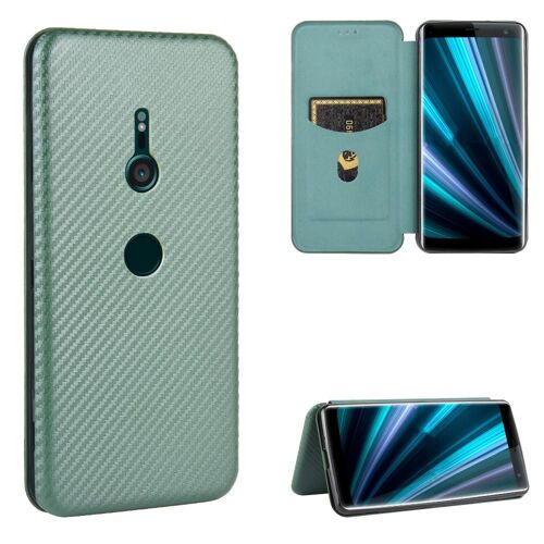 Étui Pour Sony Xperia Xz3 Protection Complète Fibre De Carbone Magnétique Coque En Cuir Folio Flip Avec Porte-Cartes Kickstand Insertion De Carte - Vert