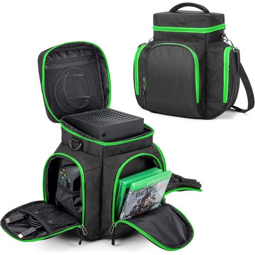 Sac pour Console Compatible avec Xbox Series X,Sac de Voyage avec Plusieurs Poches de Rangement pour Manettes Xbox,Casque,Jeux,Câbles,Disque Dur Portable et Autres Accessoires,Vert