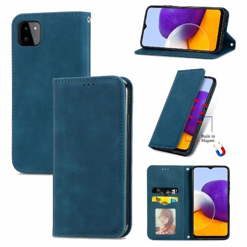Étui Pour Samsung A22 5g Étui En Cuir Simple Entreprise Portefeuille Couverture Rabotant Antichoc - Bleu