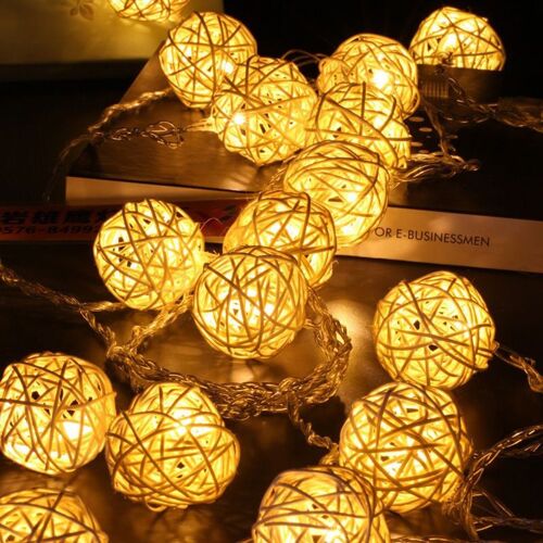 Guirlande Lumineuse D'intérieur Avec 40 Boules En Rotin Led Blanc Chaud, Indice Ip20, 5 M, Blanc