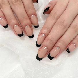 Kal-24 Pièces Faux Ongles Court, Carrés Ballerina Nude Naturel Ongles À Coller, Glossy Bordure Noir Français Press On Nails Acrylique Bâton Sur Ongles Pour Femmes Filles Nail Art 