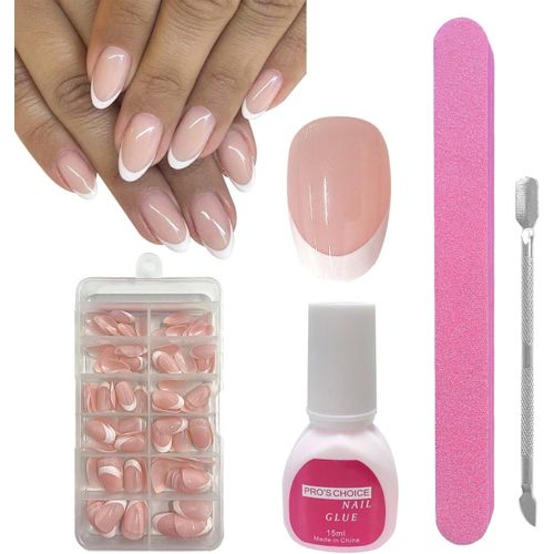 Kal-Faux Ongles Français, 120pcs Court Amande Façonné French Press On Nails, Gel Pour Faux Ongles Capsules, Faux Ongles À Coller Courts, Flase Nail Français X-Coat Tips Avec Pré-Appliqué Diy Nail Art 