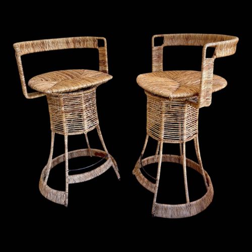 Paire Tabouret Haut Rotin Cration Roger Coster 1970 Marron