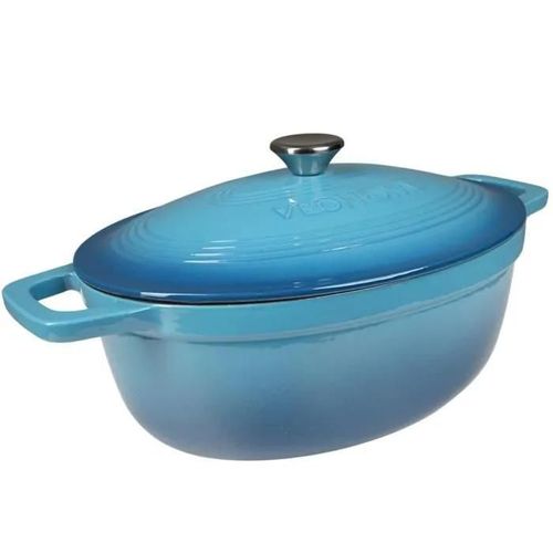 Cocotte En Fonte Émaillée Veohome Ovale Bleue 6l, Ø 32cm, Faitout Ultra Résistant, Marmite Compatible Induction-Gaz-Four