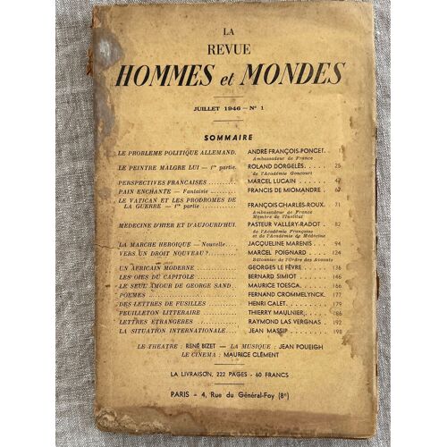 La Revue Hommes Et Mondes No 1.  Juillet 1946 .Tome 1