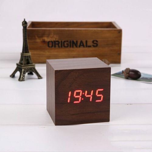 Horloge En Bois Multicolore À Contrôle Sonore, Réveil Numérique Moderne Led Pour Bureau, Thermo