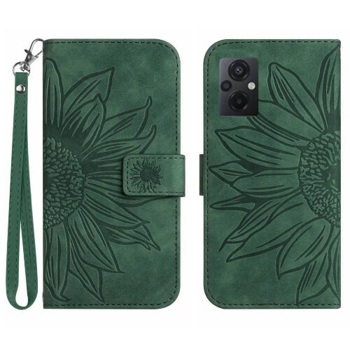 Étui Pour Xiaomi Poco M5 Étui De Téléphone Portefeuille Flip Tournesol Gaufré Sangle Courte Cuir Pu De Luxe Avec Porte-Fentes Pour Cartes - Vert