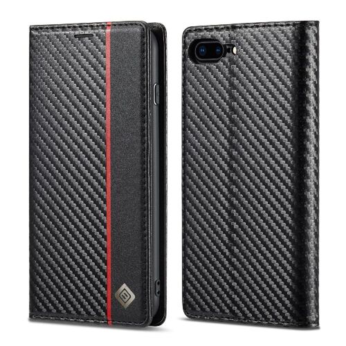 Étui Pour Iphone 8 Plus/7 Plus Insertion De Carte Avec Porte-Cartes Kickstand Coque En Cuir Folio Flip Fibre De Carbone Magnétique Protection Complète - Noir
