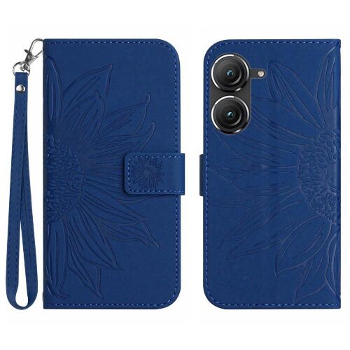 Étui Pour Asus Zenfone 9 Avec Porte-Fentes Pour Cartes Sangle Courte Étui De Téléphone Portefeuille Flip Tournesol Gaufré Cuir Pu De Luxe - Bleu Foncé