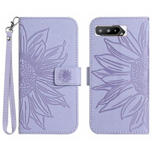 Étui Pour Asus Rog Téléphone 5 Sangle Courte Cuir Pu De Luxe Avec Porte-Fentes Pour Cartes Étui De Téléphone Portefeuille Flip Tournesol Gaufré - Violet Clair