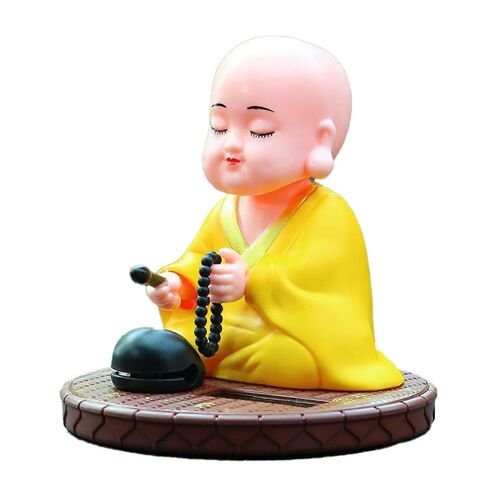 Little Monk Solar Ornament Auto Nodding Knocking Buddha Statue Toy for Car Dashboard Home Desktop Decor Chinese New Year Gift Yellow