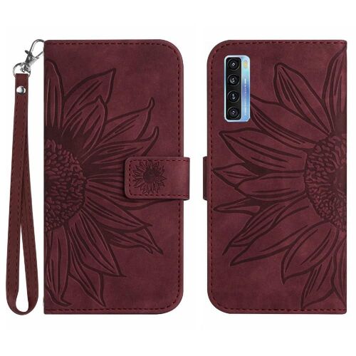 Étui Pour Tcl 20l/20l Tournesol Gaufré Étui De Téléphone Portefeuille Flip Avec Porte-Fentes Pour Cartes Sangle Courte Cuir Pu De Luxe - Le Brun