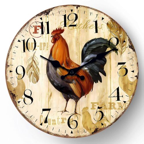 (RBDd) Horloge murale coq en bois vintage - horloge ronde silencieuse de 12 pouces pour la cuisine et la décoration intérieure