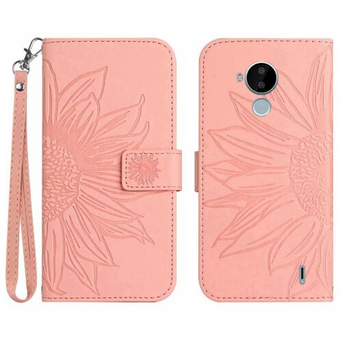 Étui Pour Nokia C30 Étui De Téléphone Portefeuille Flip Avec Porte-Fentes Pour Cartes Tournesol Gaufré Sangle Courte Cuir Pu De Luxe - Couleur Rose