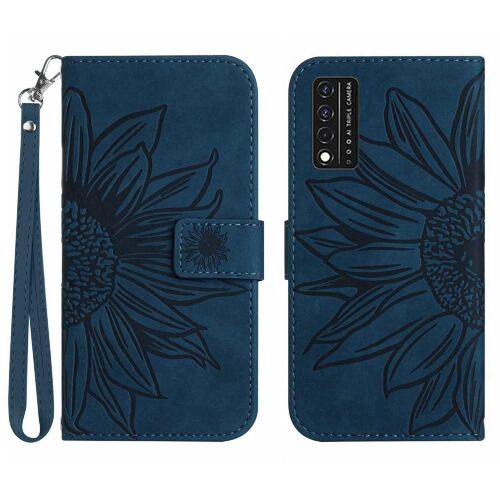 Étui Pour T-Mobile Revvl V 5g Cuir Pu De Luxe Tournesol Gaufré Sangle Courte Étui De Téléphone Portefeuille Flip Avec Porte-Fentes Pour Cartes - Bleu Vert