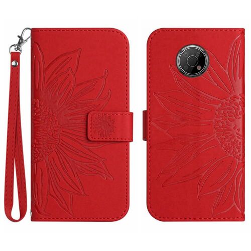 Étui Pour Nokia G300 Cuir Pu De Luxe Sangle Courte Tournesol Gaufré Étui De Téléphone Portefeuille Flip Avec Porte-Fentes Pour Cartes - Rouge