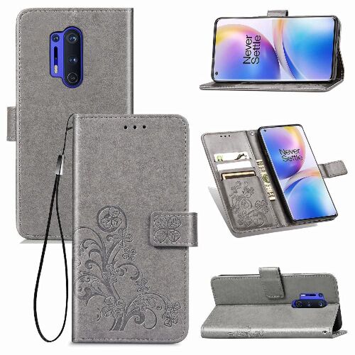 Étui Pour Oneplus 8 Pro Couverture Rabotant Affaires Exquises Sangle Courte Étui En Cuir Trèfle À Quatre Feuilles - Gris