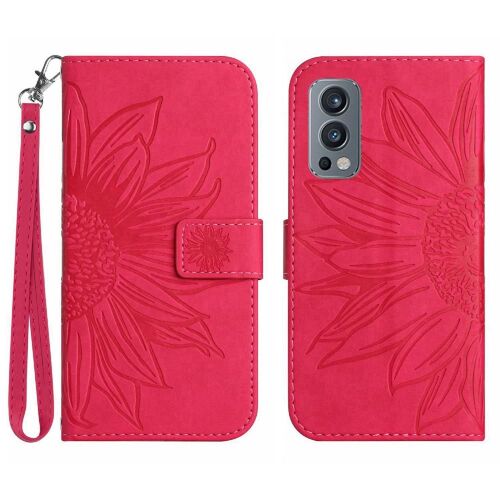 Étui Pour Oneplus Nord 2 Tournesol Gaufré Avec Porte-Fentes Pour Cartes Sangle Courte Étui De Téléphone Portefeuille Flip Cuir Pu De Luxe - Rose Rouge