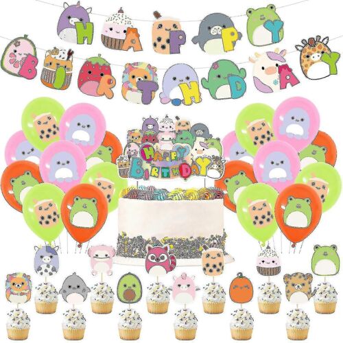 Décorations d'anniversaire Squish Mallows, fournitures de fête Squish Mallows comprend bannière d'anniversaire, gâteau, ballons Squish Mallows, décorations de fête S