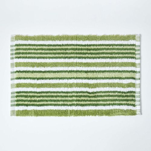 Tapis de bain tissé chenille de Coton rayé Vert