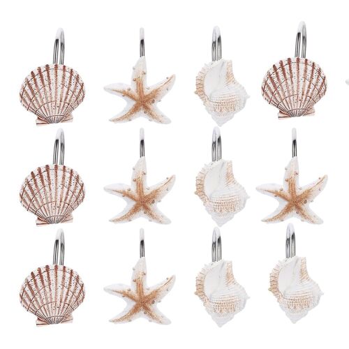 Lot De 12 Crochets De Rideau De Douche En Coquillage ¿ Acier Inoxydable Et Résine Durables, Décoratifs Pour La Maison Et La Salle De Bain