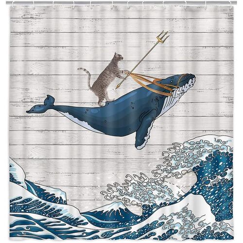 Rideau de douche amusant en polyester imperméable, motif chat chevauchant une baleine dans les vagues japonaises, 180 x 180 cm