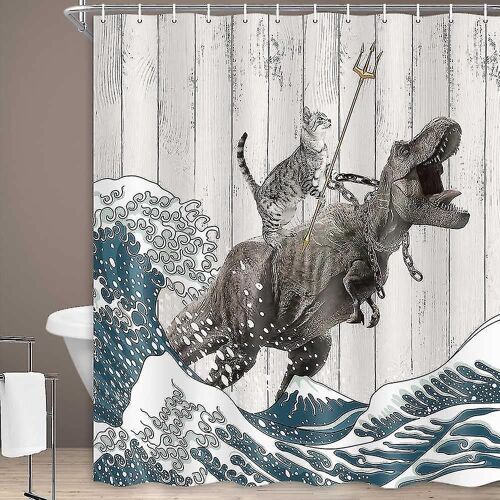 Rideau de douche fantaisie motif chat dinosaure ¿ Motif vagues japonaises, 183 x 183 cm, résistant et facile à nettoyer
