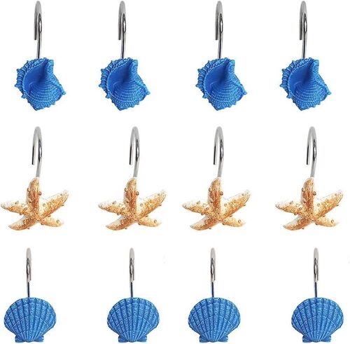 Lot De 12 Crochets Décoratifs Pour Rideau De Douche En Coquillage ¿ Motif Étoile De Mer, Respectueux De L'environnement, Métal Durable, Installation Facile