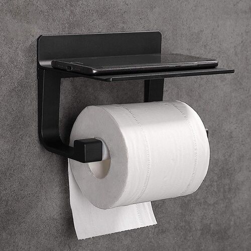 Porte-papier toilette mural autocollant - Aluminium noir, sans perçage, installation facile, résistant à la rouille, capacité de 10 kg