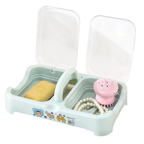 Porte-savon portable à double grille avec couvercle ¿ Porte-savon drainant pour voyage et maison, bleu ciel, matériau PP durable