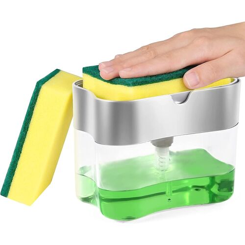 Distributeur de savon de cuisine à une main avec porte-éponge - Solution de lavage de la vaisselle rapide, durable et sans encombrement