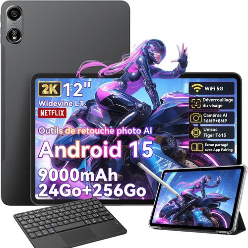 Oscal Pad 100 Tablette Tactile 12" Android 15 2.4G+5G Wifi RAM 24Go ROM 256Go/SD 2To 9000mAh 16+8MP Dual SIM Gris Avec Clavier K1