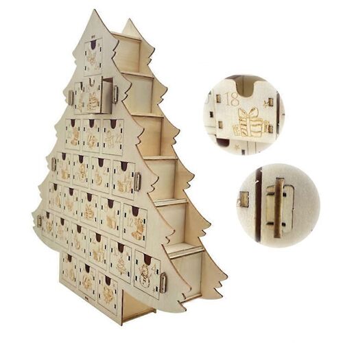 Calendrier de l'Avent de Noël créatif arbre en bois avec tiroirs scène de village