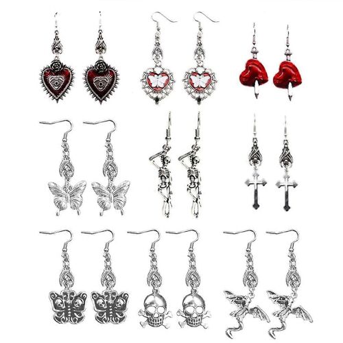 9x Goth Mystérieux Goutte Boucle D'oreille Bijoux Coeur Pour Papillon Chauve-Souris Crâne Pour Croix