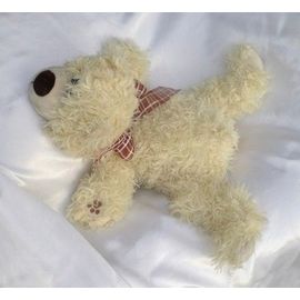Doudou Peluche Ours Allongé Sonore Beige Ecru Poil Long Noeud Marron Et Blanc Gipsy