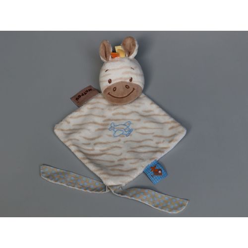 Doudou Zèbre Plat Blanc Beige Bleu Attache Tétine Nattou