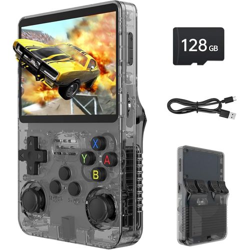 R36S Console de Jeux Portable rétro, écran IPS de 3,5 Pouces, 128 Go de mémoire, Plus de 40 000 Jeux, basée sur ARKOS à Code Ouvert LINXU, Batterie de 3500 mAh (Noir)