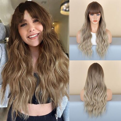Perruque Synthétique Avec Dégradé Marron Naturel Et Frange 
