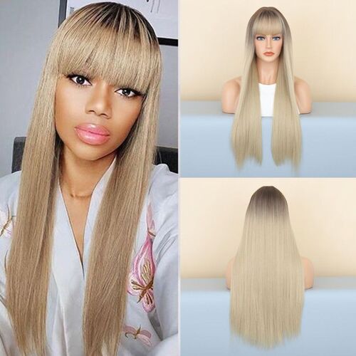Perruque Femme Dégradé Marron Or Qi Bangs Cheveux Longs Raides 