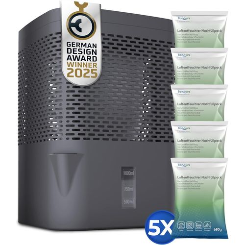 GUES-Airone Déshumidificateur Sans Électricité Jusqu'À 23 M² I Ventilation À 360° I Humidificateur Avec Bec Verseur & 5 X 680 G De Granulés I Protection Contre Les Moisissures Et Les Odeurs I