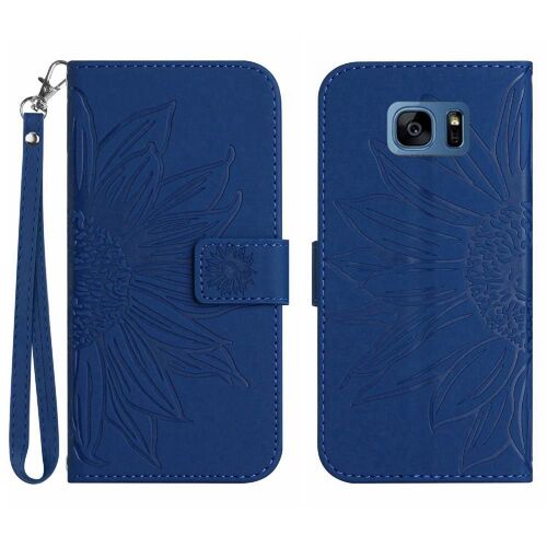 Étui Pour Samsung Galaxy S7 Edge Étui De Téléphone Portefeuille À Rabat Cuir Pu De Luxe Tournesol Gaufré Sangle Courte Avec Porte-Fentes Pour Cartes - Bleu Foncé