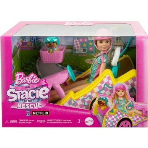 Coffret Barbie Kart de Course + Stacie + 2 accessoires - 1 poupée mannequin - Set Véhicule Jouet Fille + Carte Animal - Voiture