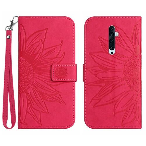 Étui Pour Oppo Reno 2z/2f Tournesol Gaufré Cuir Pu De Luxe Étui De Téléphone Portefeuille Flip Sangle Courte Avec Porte-Fentes Pour Cartes - Rose Rouge
