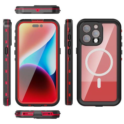 Étui Pour iPhone 15 Pro Max 12FT résistant aux chocs militaires IP68 Étanche Plein Dans Protecteur d'écran Boîtier magnétique Étanche Construit - Rouge
