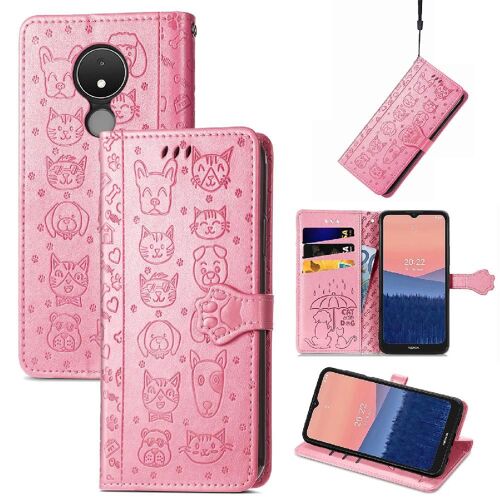 Étui Pour Nokia C21 Étui En Cuir Antichoc Couverture Rabotant Sangle Courte Animaux De Dessin Animé - Couleur Rose
