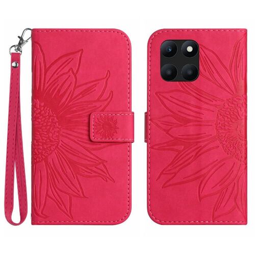 Honneur Étui Pour X8b Étui De Téléphone Portefeuille À Rabat Cuir Pu De Luxe Avec Porte-Fentes Pour Cartes Sangle Courte Tournesol Gaufré - Rose Rouge